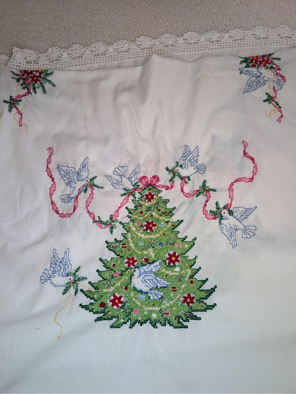 Vintage Handmade White Rectangular Embroidered Christmas Tablecloth Trees Doves